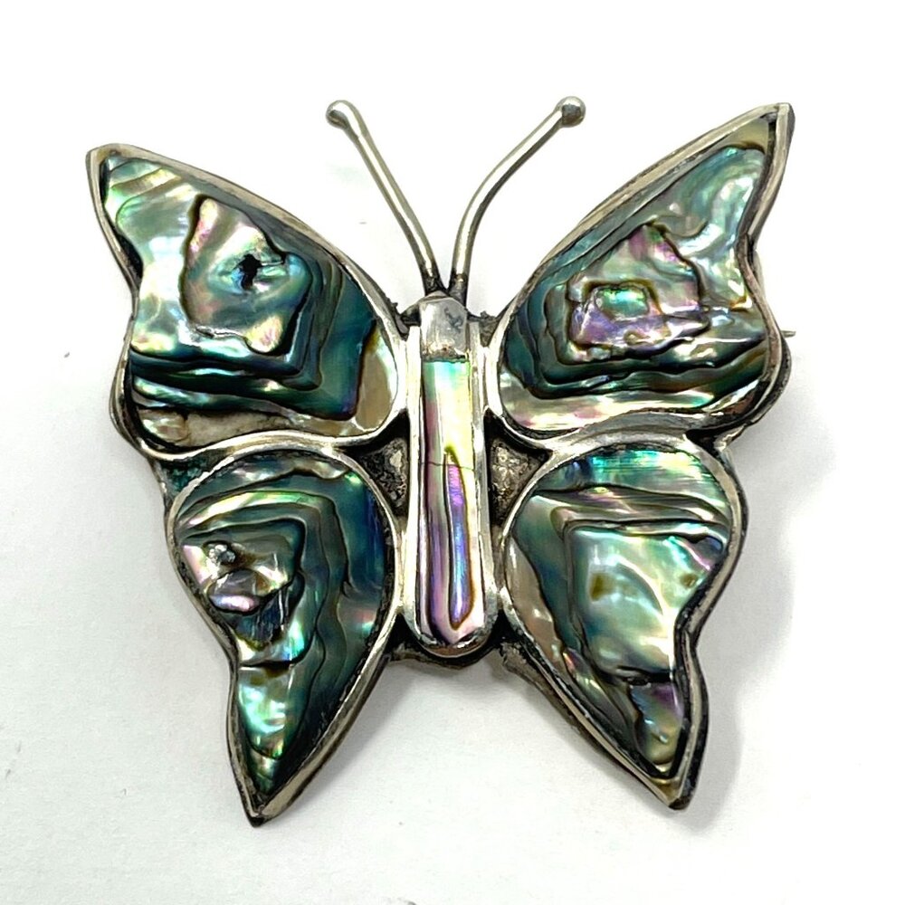 Vintage Sterling 925 Butterfly Pin Brooch Mother of Pearl Abalone Mexico